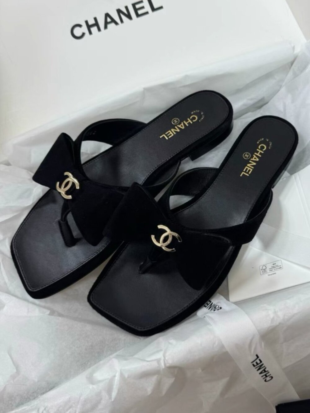 Chanel Black Velvet Bow CC Logo Thong Sandals